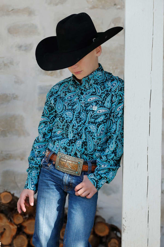 Cinch Boys Black Paisley Print Button Down Western Shirt