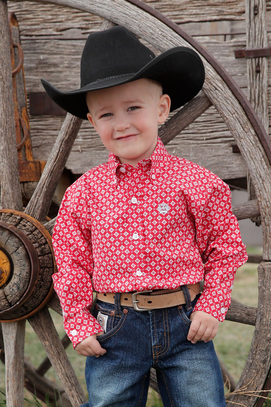 Cinch Boys Toddler Match Dad Geometric Print Button Down Western Shirt - Red - MTW7061313