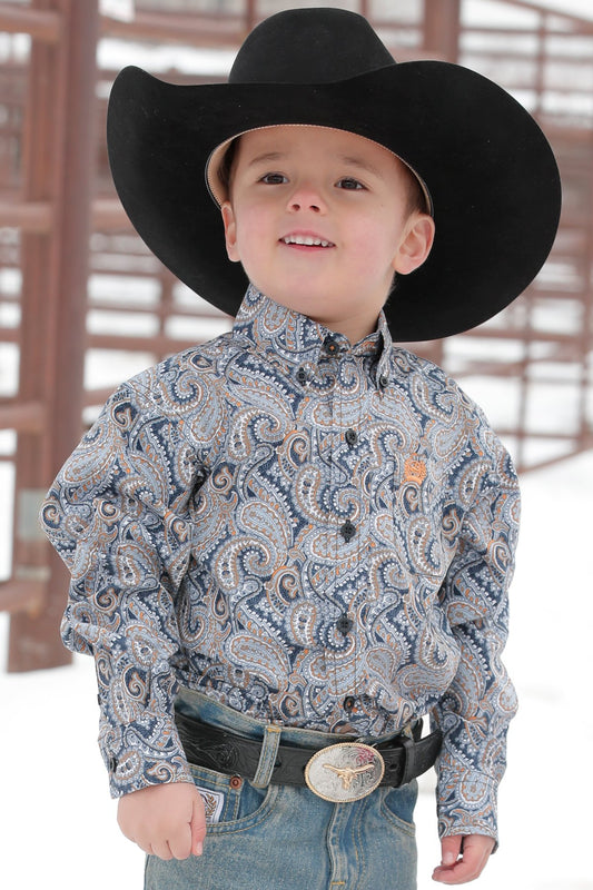 Cinch Boys Toddler Match Dad Paisley Print Button Down Western Shirt - Grey/Blue - MTW7061336