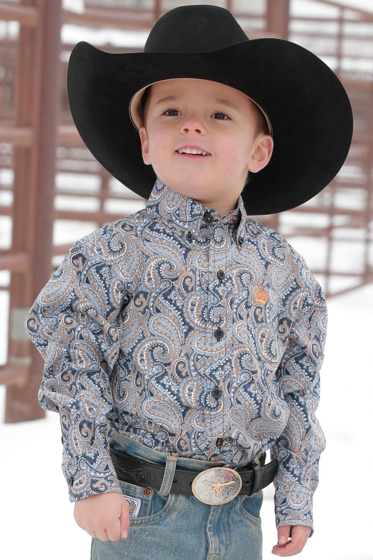Cinch Baby and Infant Match Dad Paisley Print Button Down Western Shirt - Grey/Blue