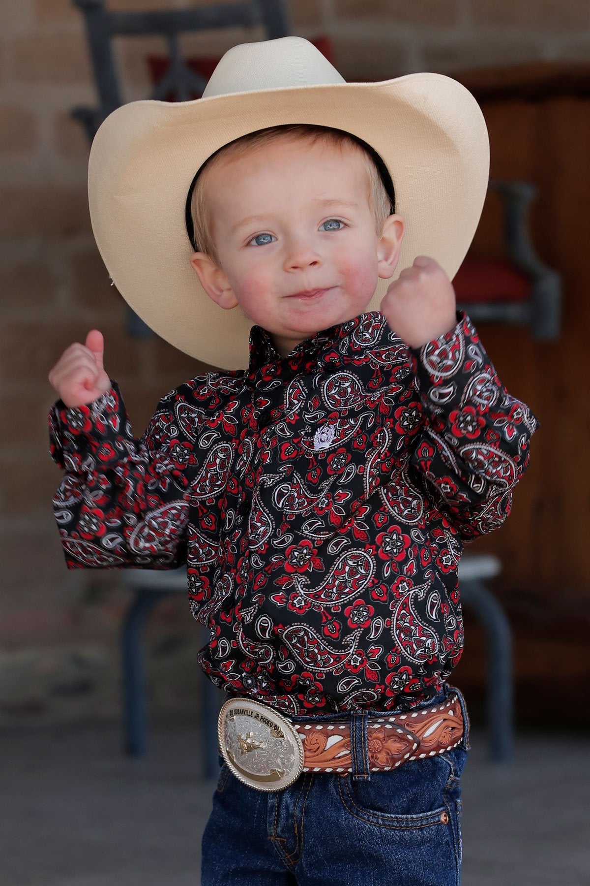 Cinch Boys Toddler Match Dad Paisley Print Button Down Western Shirt - Black/Red