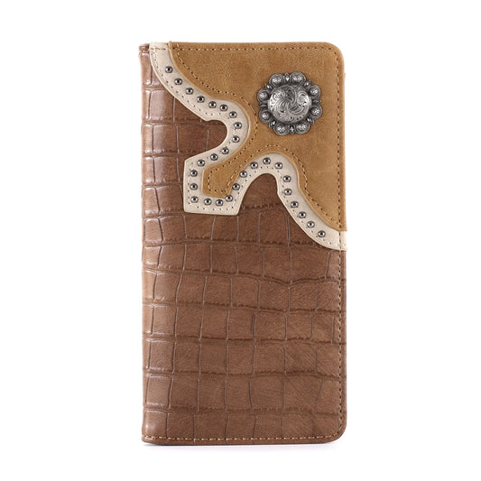 Montana West Mens Croc Print Bifold Long PU Leather Wallet Brown