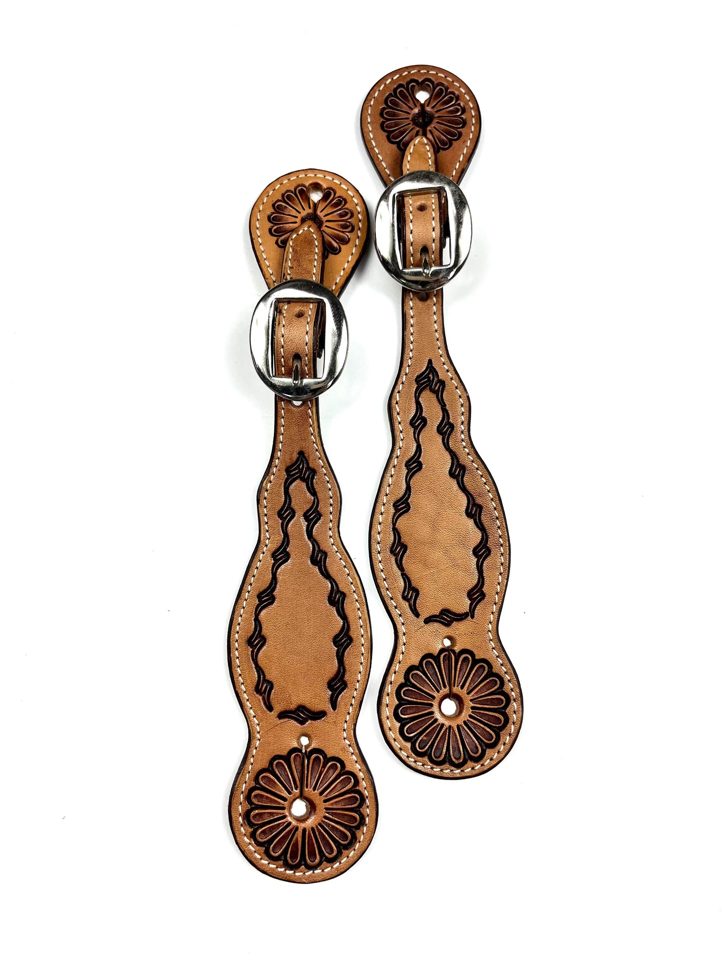 Ezy Ride Spur Strap with Dark Border Stamp with Floral Ends - Natural - NE-S-2083