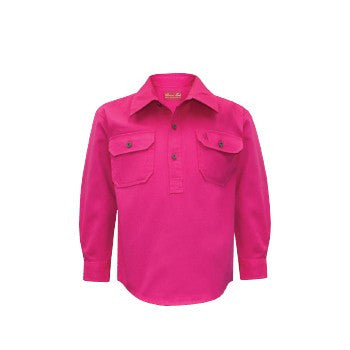 Kids Unisex Heavy Cotton Drill 1/2 Placket 2-Pkt L/S Shirt - Hot Pink