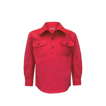 Kids Unisex Heavy Cotton Drill 1/2 Placket 2-Pkt L/S Shirt - Red