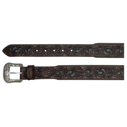Hooey Tooled with Blue Underlay Mens Belt