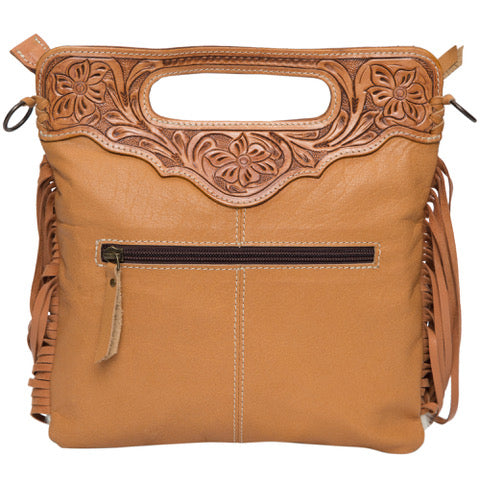 The Design Edge Cali Tooling Leather Sling Bag with Fringes - Tan and White - AB04