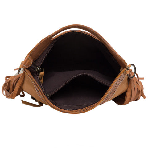 The Design Edge Cali Tooling Leather Sling Bag with Fringes - Tan and White - AB04