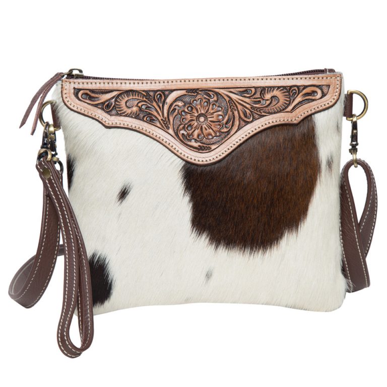 The Design Edge Costa Rica Tooling Leather Cowhide Clutch Bag - Brown and White - AB07