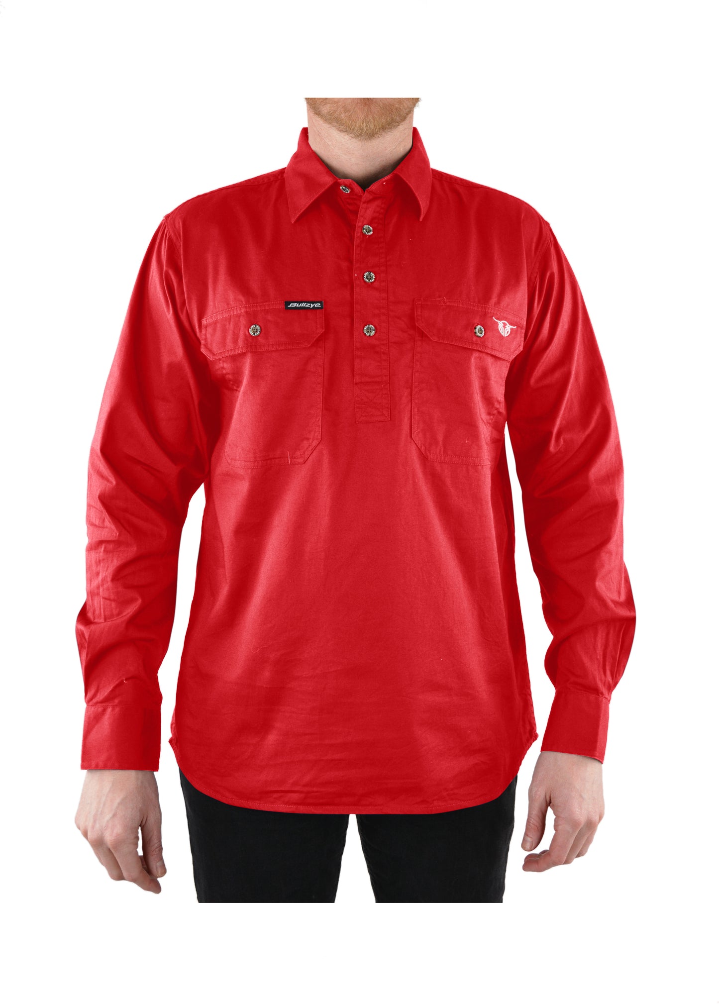 Bullzye Mens Half Placket Work Shirt - Red - B1S1101120 - ON SALE