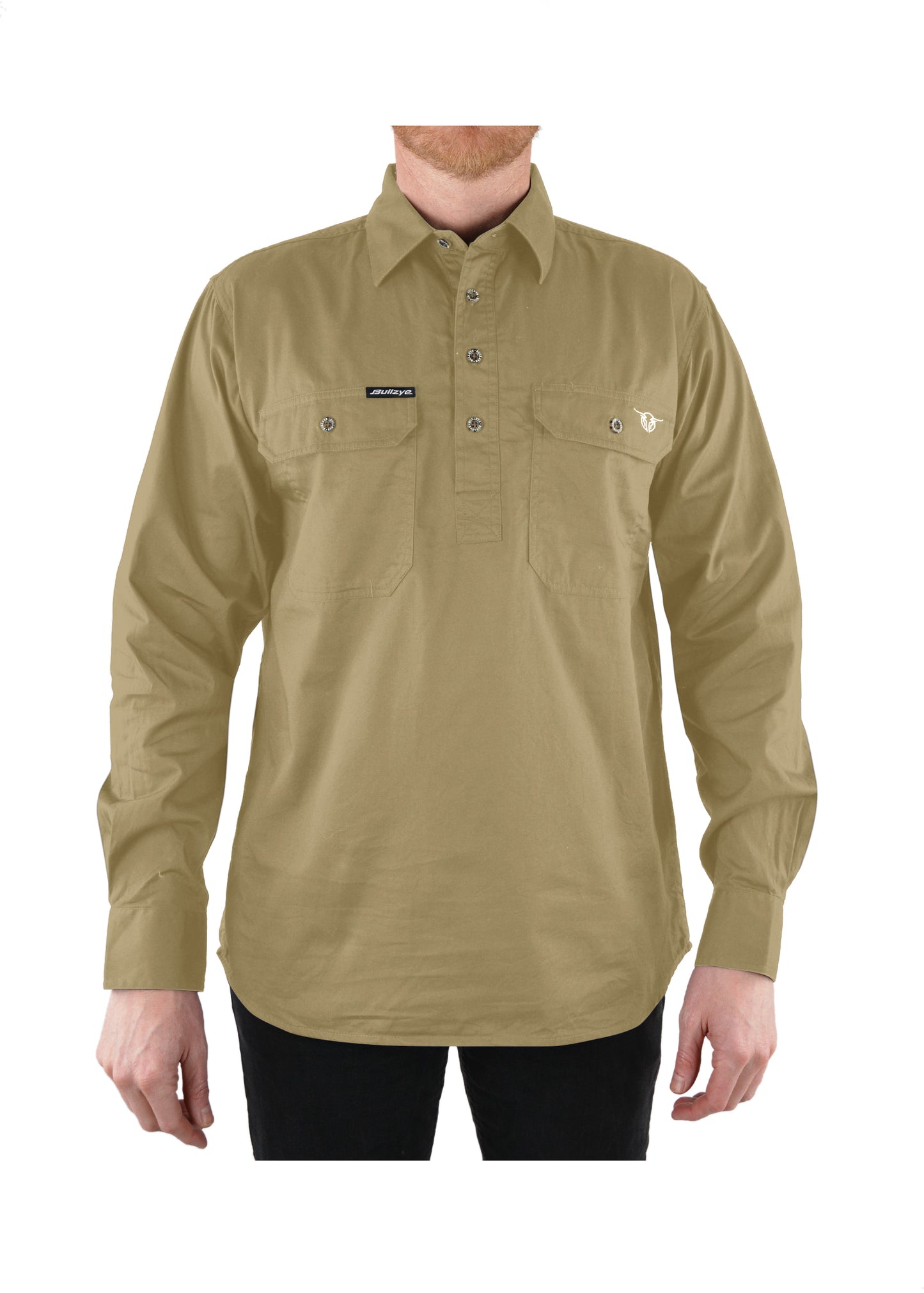 Bullzye Mens Half Placket Work Shirt - Khaki - ON SALE