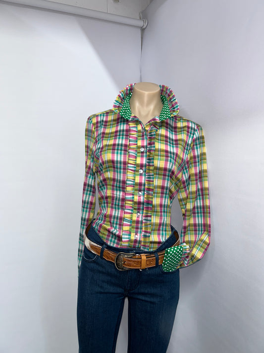 Netties Ladies Sage Green Fitted L/S Frill Shirt