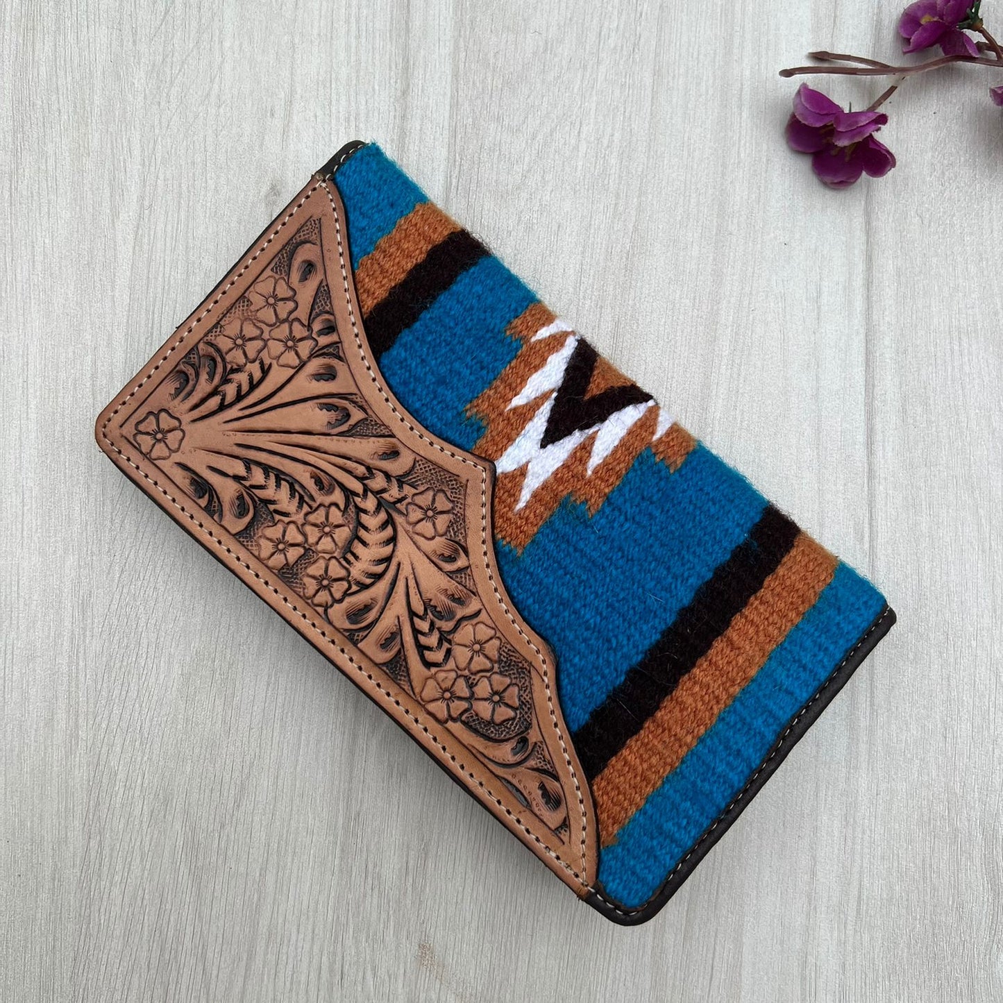 The Design Edge Tooled Blue Saddle Blanket Slim Wallet- TSB22A- Brown Tooled Leather