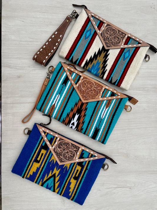 The Design Edge Tooled Turquoise Saddle Blanket Big Clutch- TSB45B- Brown Tooled Leather