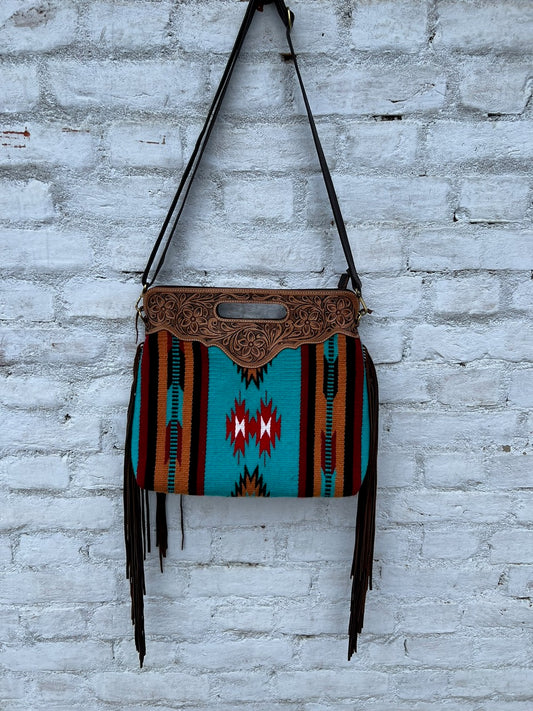 The Design Edge Tooled Turquoise Saddle Blanket Bag- TSB03A- Brown Tooled Leather