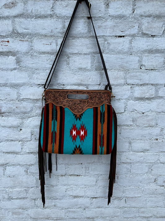 The Design Edge Tooled Turquoise Saddle Blanket Bag- TSB03A- Tan Tooled Leather