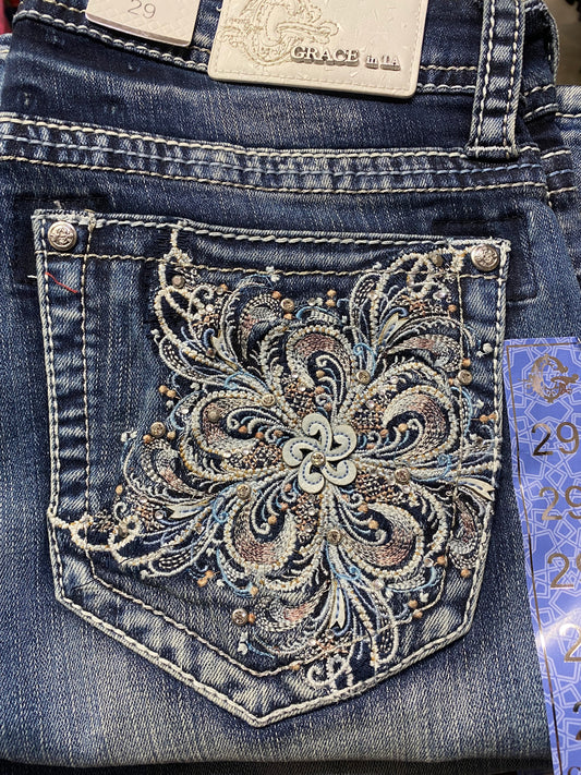 Grace in LA Floral Bling Patterned Easy Fit Jeans - EB51657