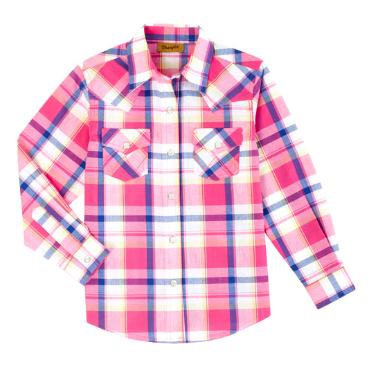 Wrangler Girls Western 2-Pocket Check Long Sleeve Shirt - Rose/Violet