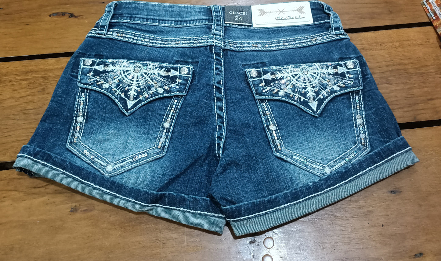Grace in LA Ladies Stitched Arrow Embroidered Pocket Low Rise Denim Shorts - JHW_81500