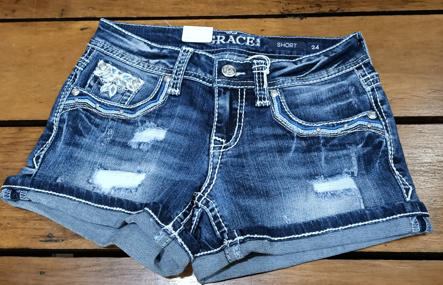 Grace in LA Ladies Stitched Embroidered Pocket Low Rise Denim Shorts - JHW-51596