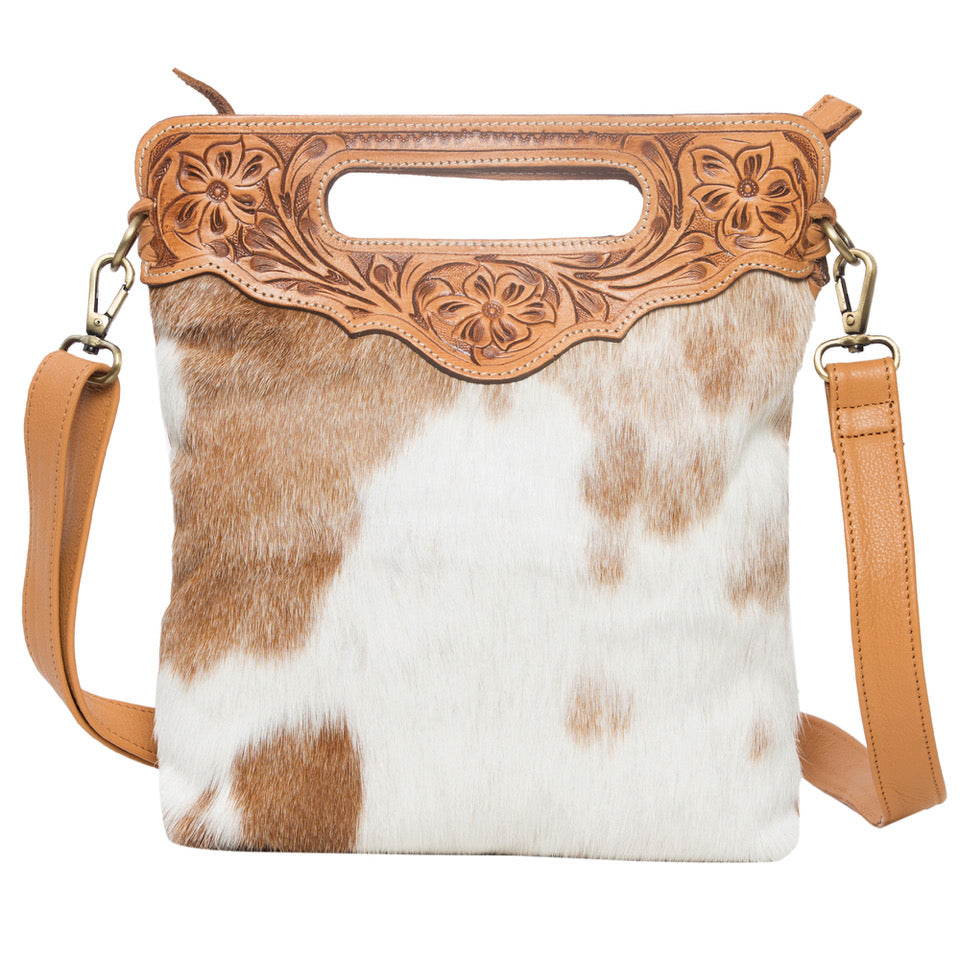 The Design Edge Leather Sling Cowhide Bag - Tan and White - AB04 (without fringe)