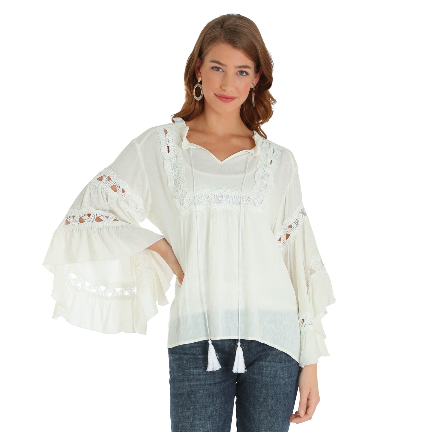 Wrangler Ladies Embroidered Ivory L/S Peasant Top - LW2048M