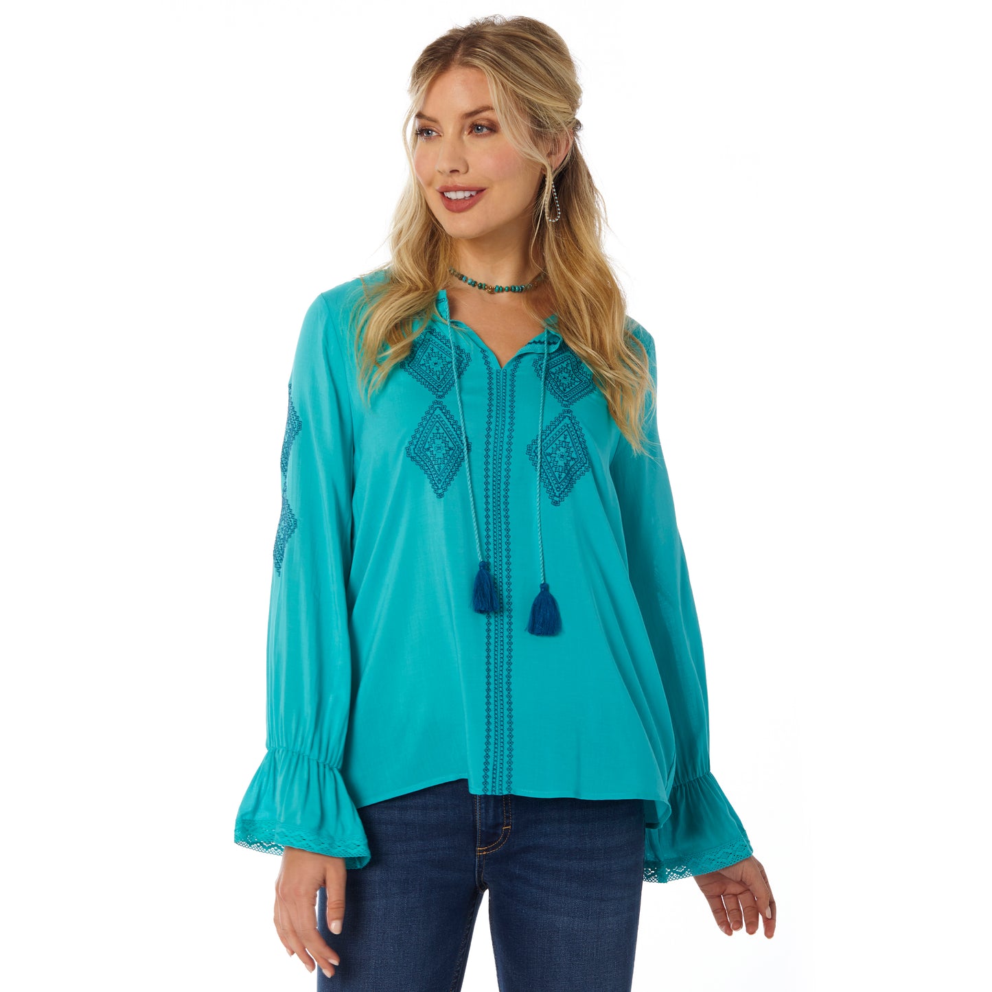 Wrangler Ladies Embroidered L/S Peasant Top - Teal - LW7530Q - On Sale
