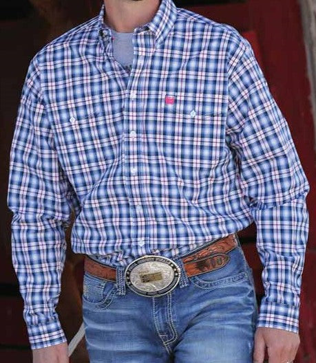 Cinch Mens Blue/ Red/ Black/ White Plaid 2 Pkt L/S Shirt