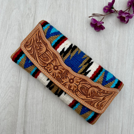 The Design Edge Tooled Blue Saddle Blanket Trifold Wallet- TSB23A- Tan Tooled Leather