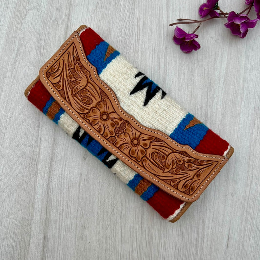 The Design Edge Tooled Blue Saddle Blanket Trifold Wallet- TSB23A- Brown Tooled Leather
