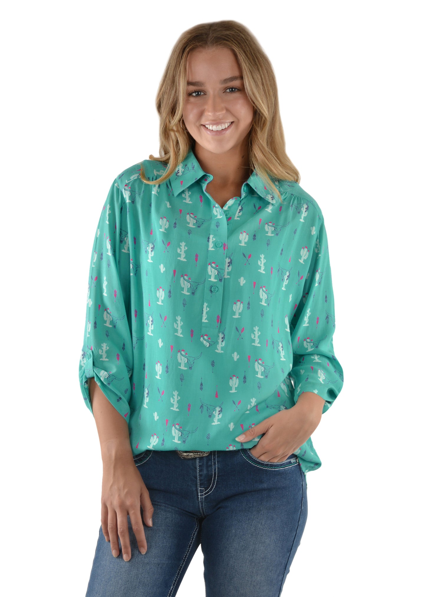 Pure Western Ladies Ellery Print 3/4 Sleeve Shirt - Turquoise/Multi - On Sale