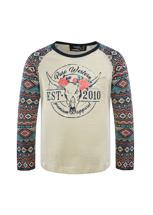 Pure Western Girls Miranda L/S Baseball Tee - Cream/Multi