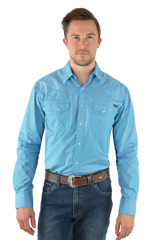 Pure Western Mens Roy Print Western L/S Shirt - Blue/White - P3W1100672