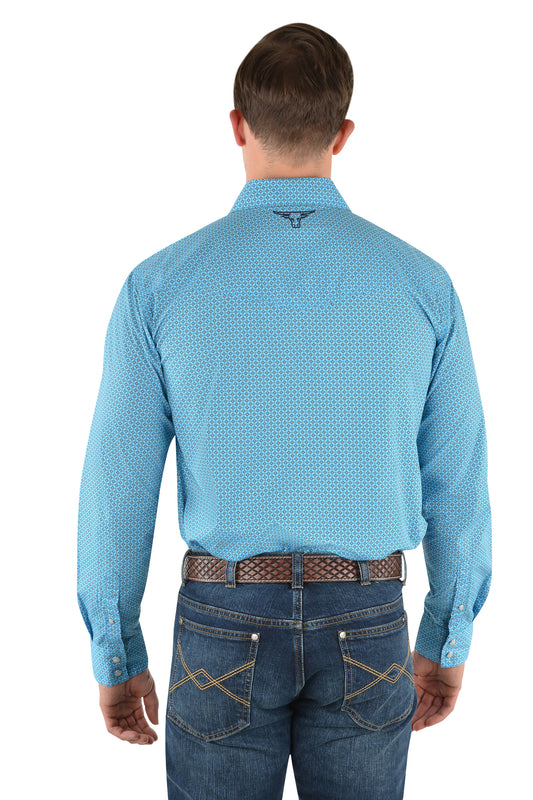 Pure Western Mens Roy Print Western L/S Shirt - Blue/White - P3W1100672