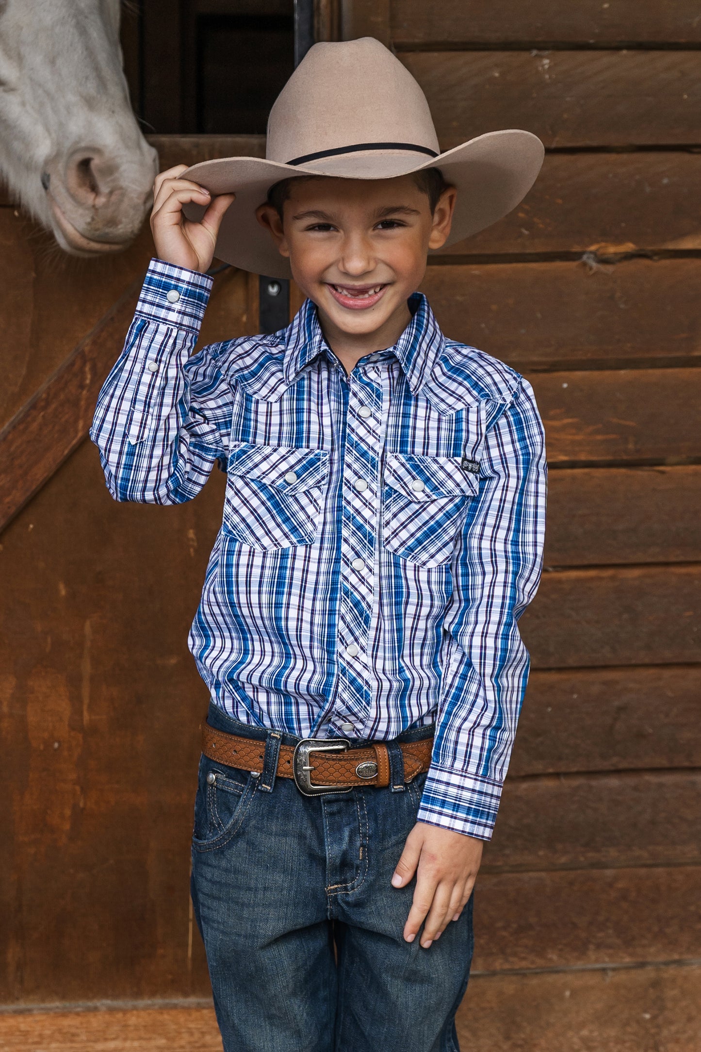 Pure Western Boys Bolt Check Western L/S Shirt - Navy/Blue - P3W3100671