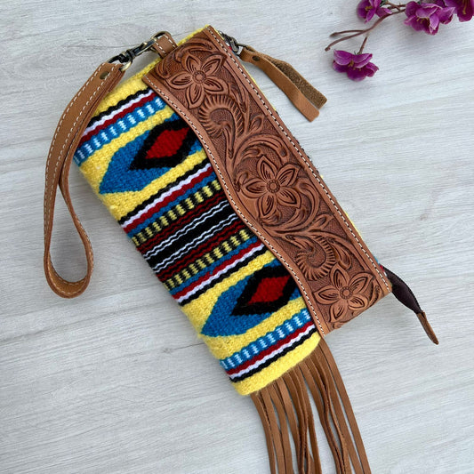 The Design Edge Tooled Yellow Saddle Blanket Tassel Clutch- TSB44A- Brown Tooled Leather