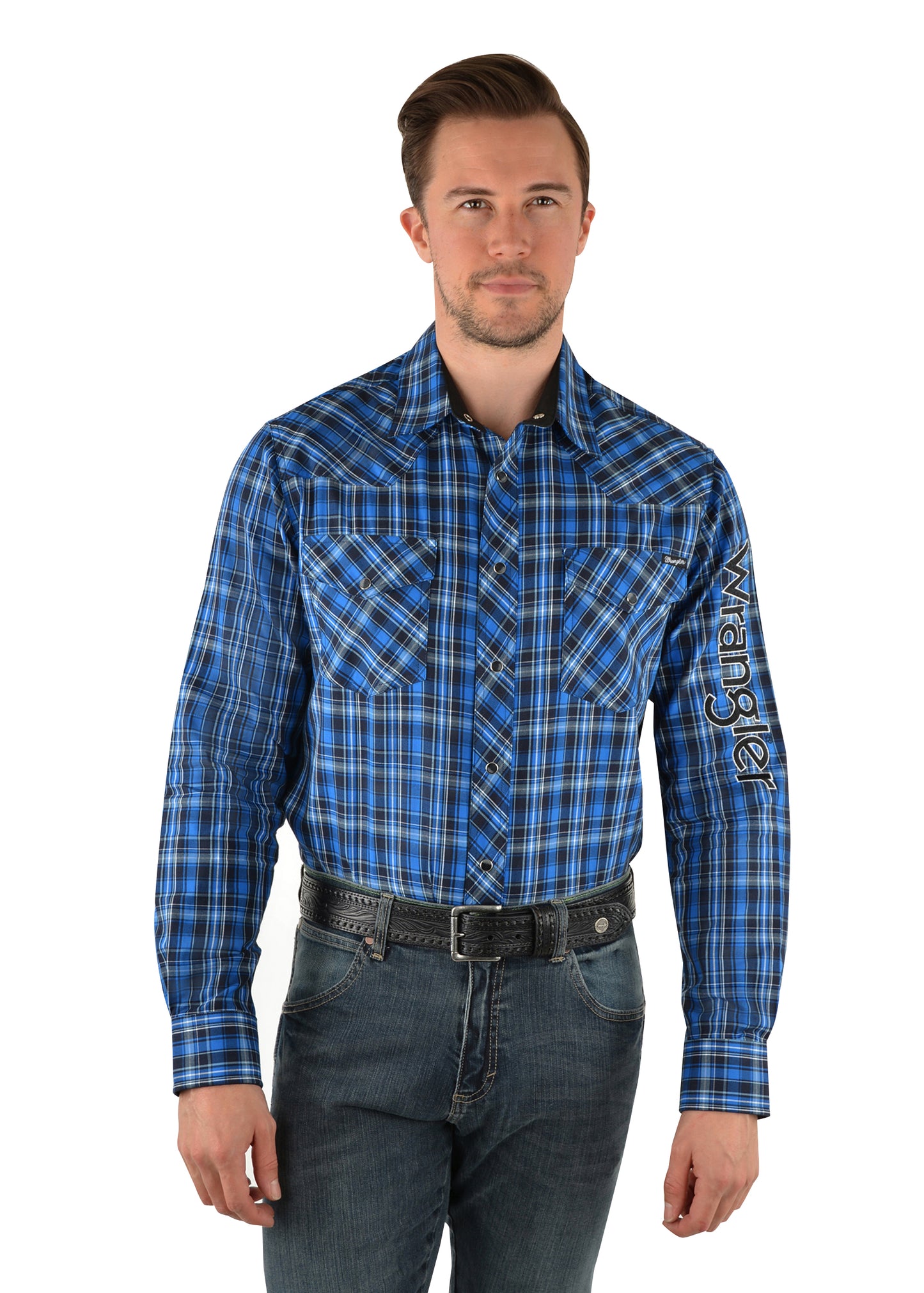 Wrangler Mens Ash Check Logo Western L/S Shirt - Royal/Black - X3W1111901