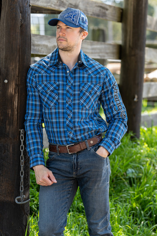 Wrangler Mens Ash Check Logo Western L/S Shirt - Royal/Black - X3W1111901