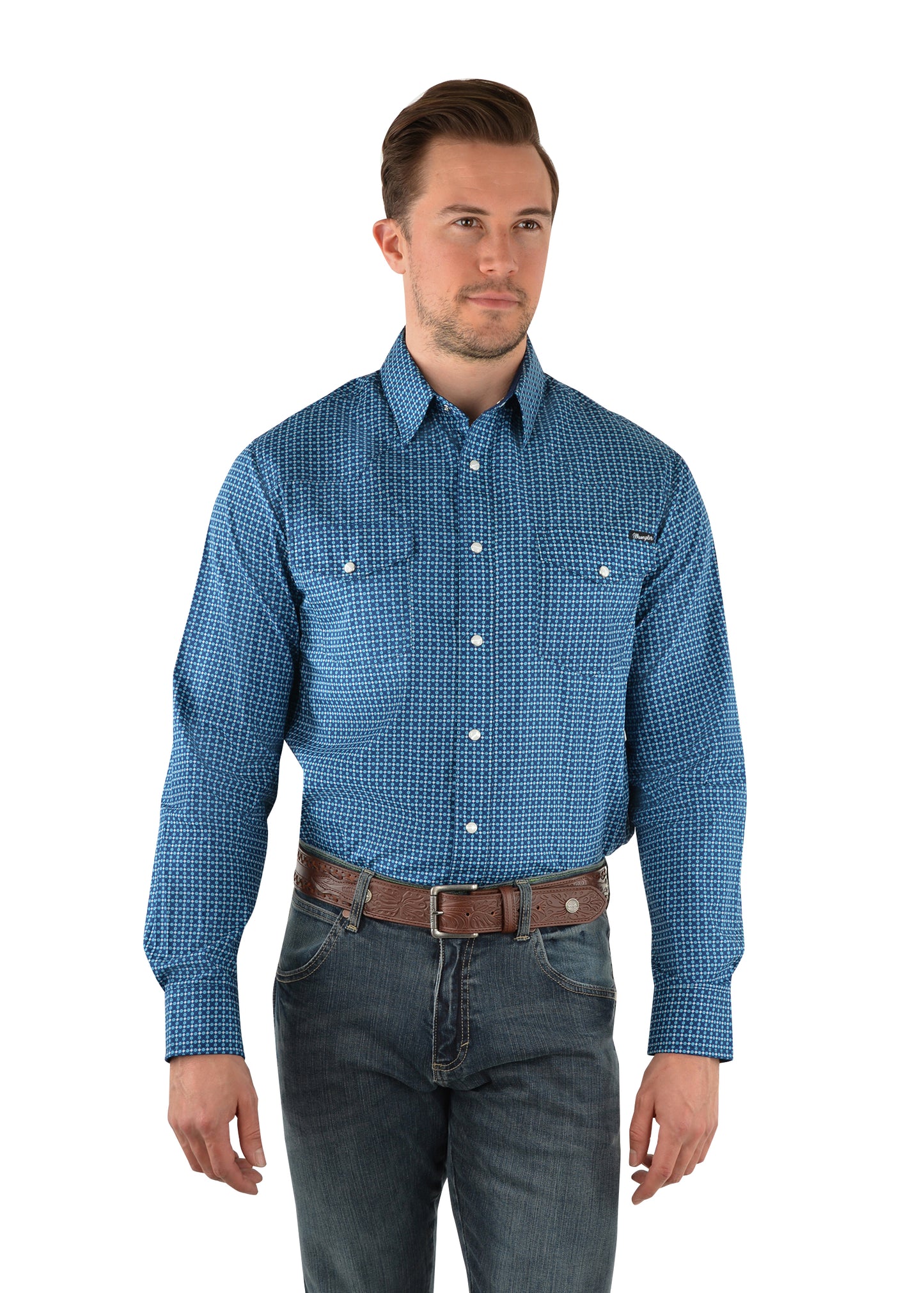 Wrangler Mens Smith Print Western L/S Shirt - Navy - X3W1111907
