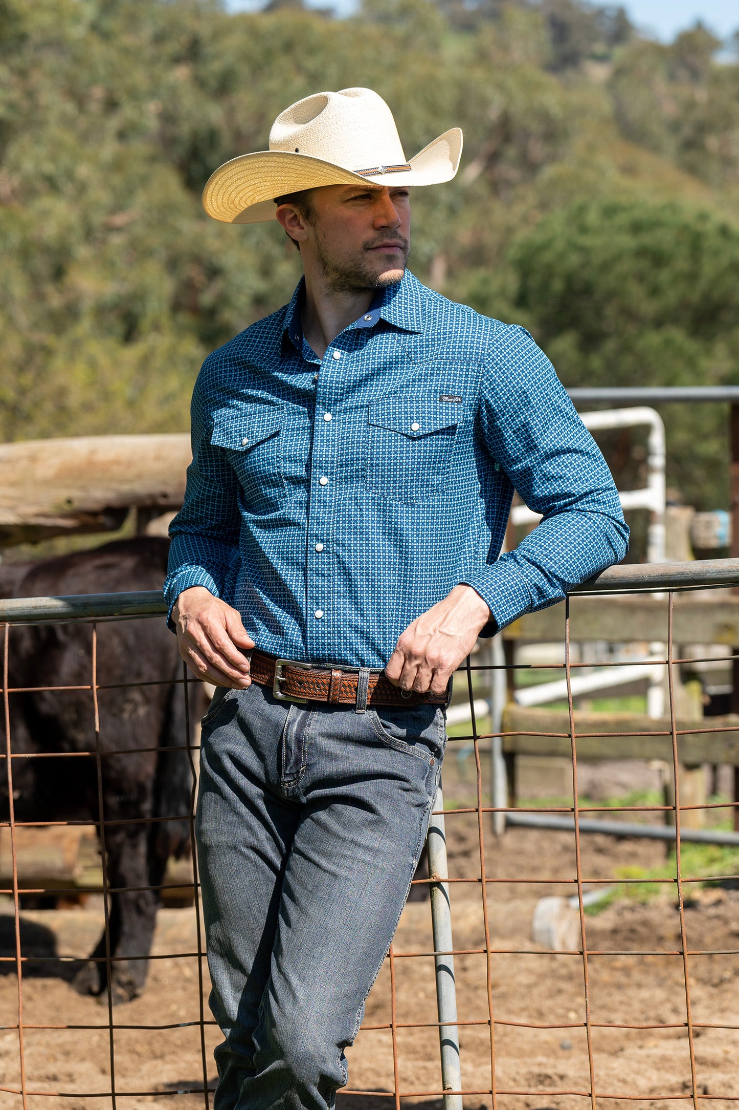 Wrangler Mens Smith Print Western L/S Shirt - Navy - X3W1111907