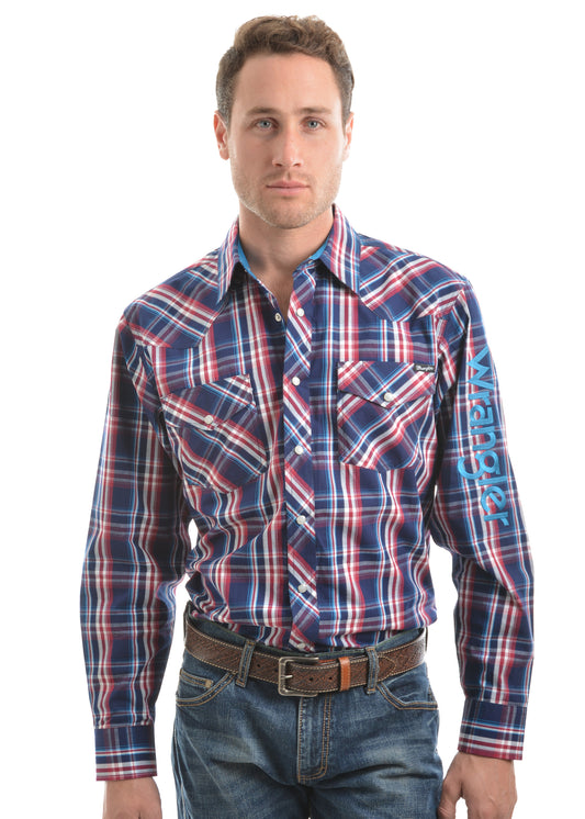 Wrangler Mens Logo Stirling Check Long Sleeved Shirt - Dark Navy/Maroon