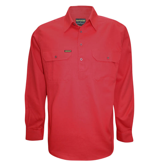 Hard Slog Mens L/S Half Placket Light Cotton Shirt - Bright Red