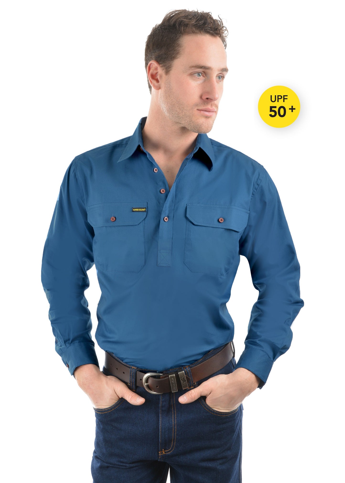 Hard Slog Mens H/Plkt L/S Shirt - Blue River -HCP1101002