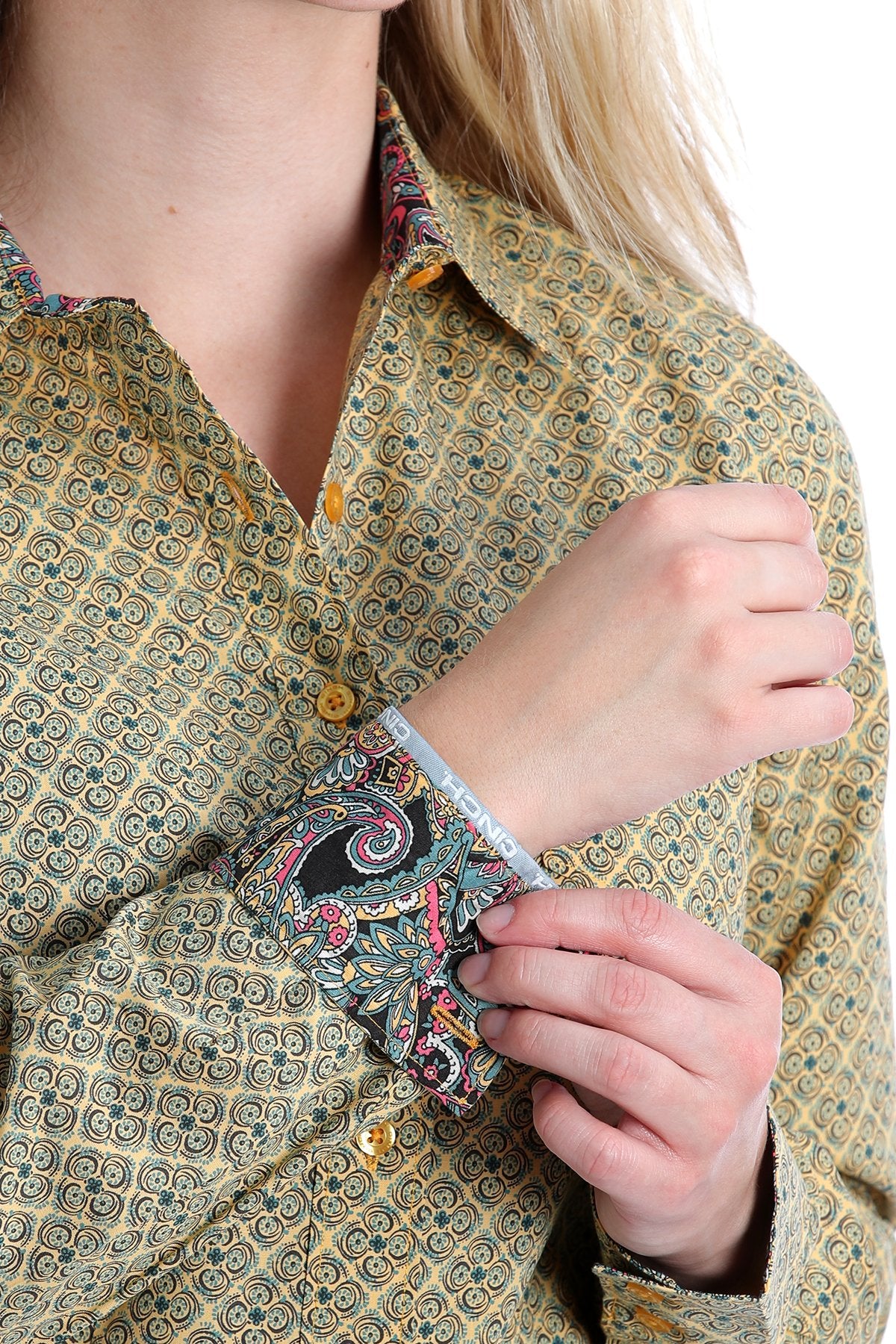 Cinch Ladies Yellow, Blue and Brown Geometric Print Long Sleeved Shirt - MSW9164163 - ON SALE