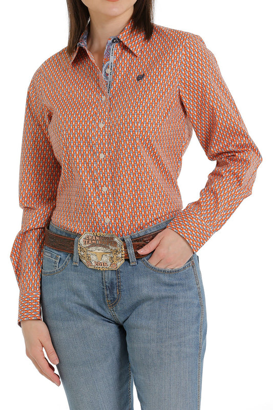 Cinch Ladies Button Down Western L/S Shirt - Orange/Cream - MSW9165028