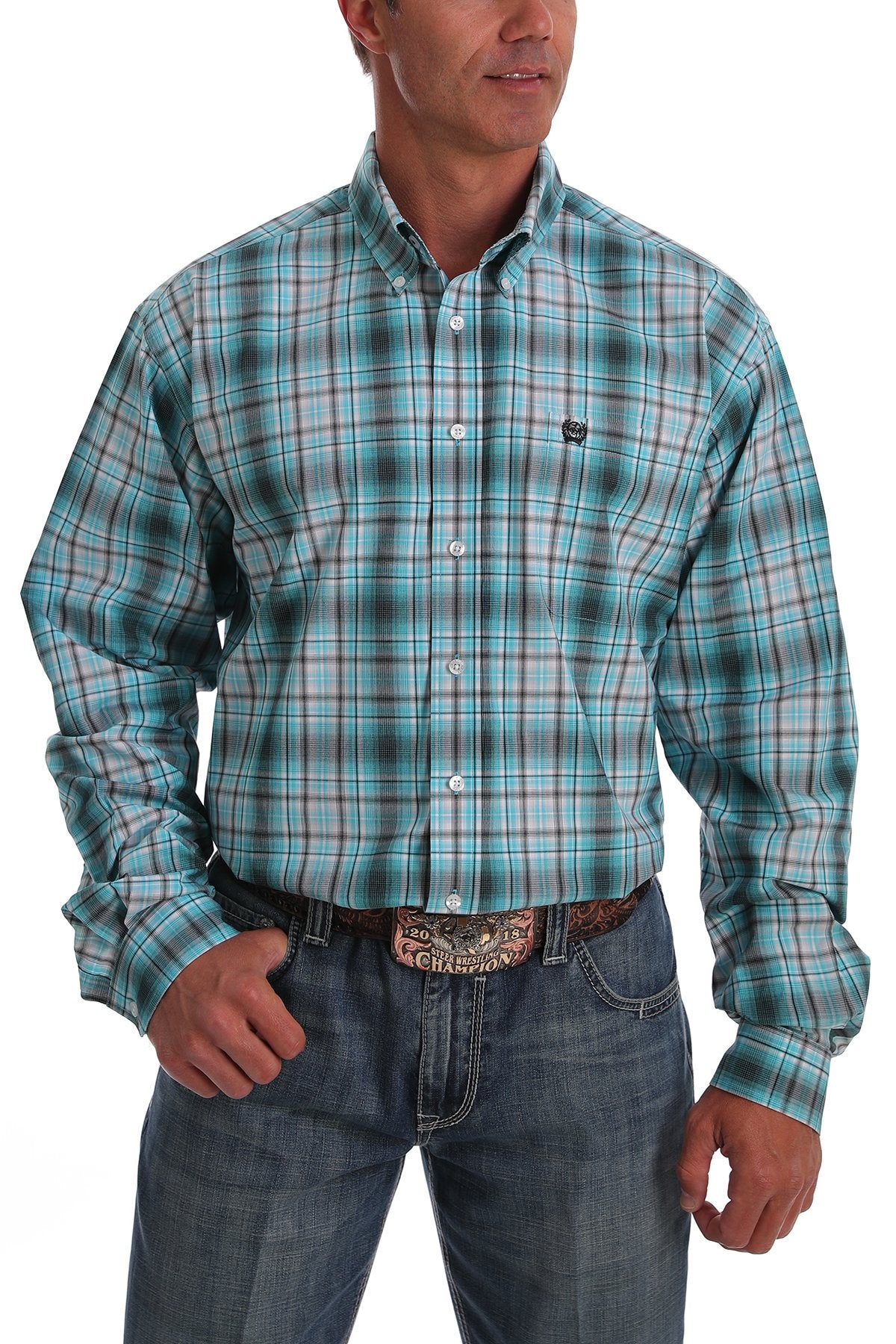 Cinch Mens Turquoise and Gray Ombre Plaid Button Down Western Shirt