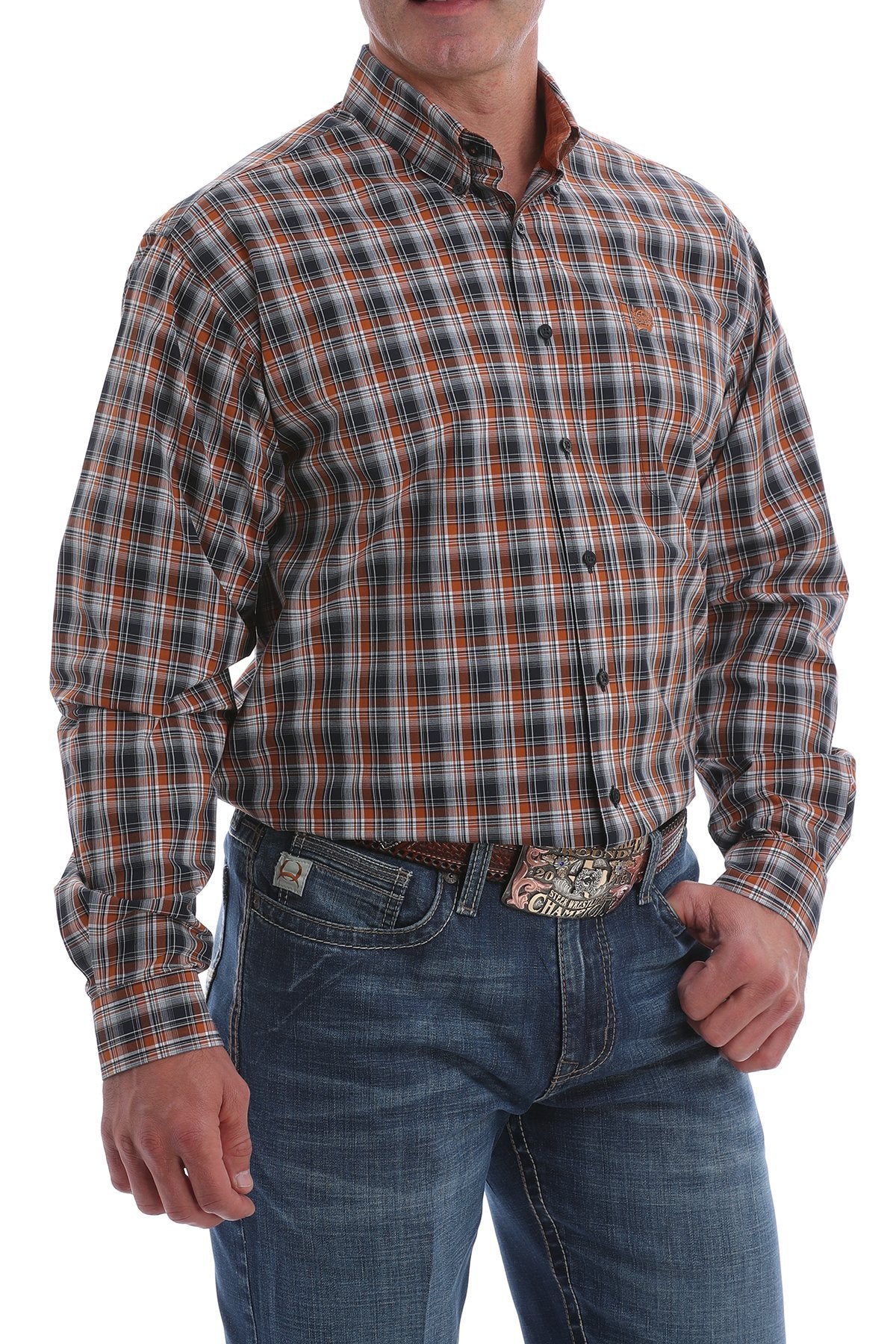 Cinch Navy, Brown and White Plaid L/S Shirt