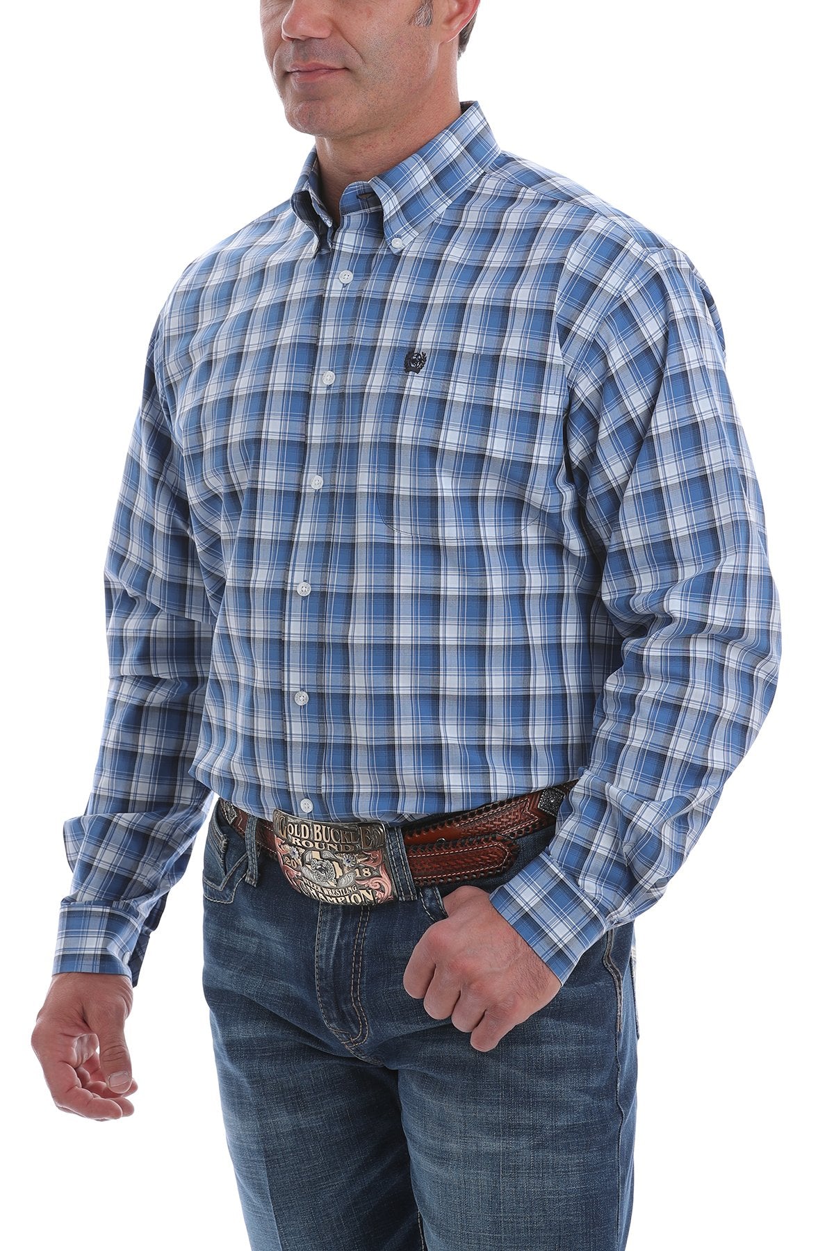 Cinch Mens Light Blue, Navy and White Plaid L/S Shirt - On Sale