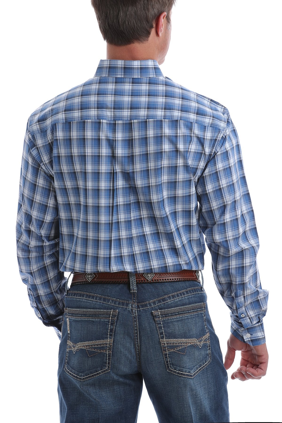 Cinch Mens Light Blue, Navy and White Plaid L/S Shirt - On Sale