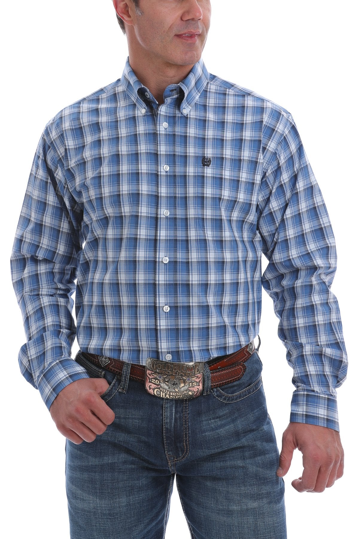 Cinch Mens Light Blue, Navy and White Plaid L/S Shirt - On Sale